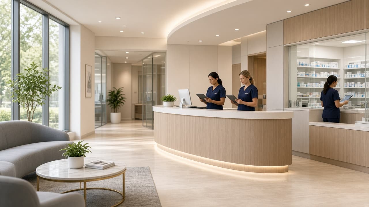 Hospital operations: reception, care desks, and management visibility.