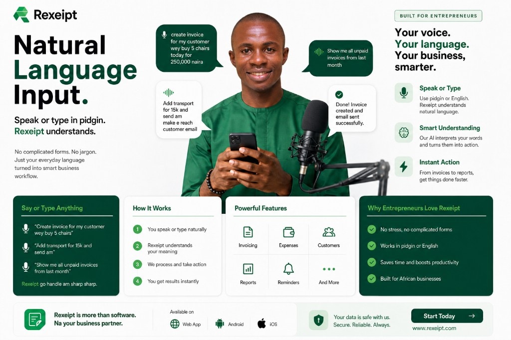 Rexeipt natural language input: speak or type in English or Pidgin; smart understanding and instant actions for your business.