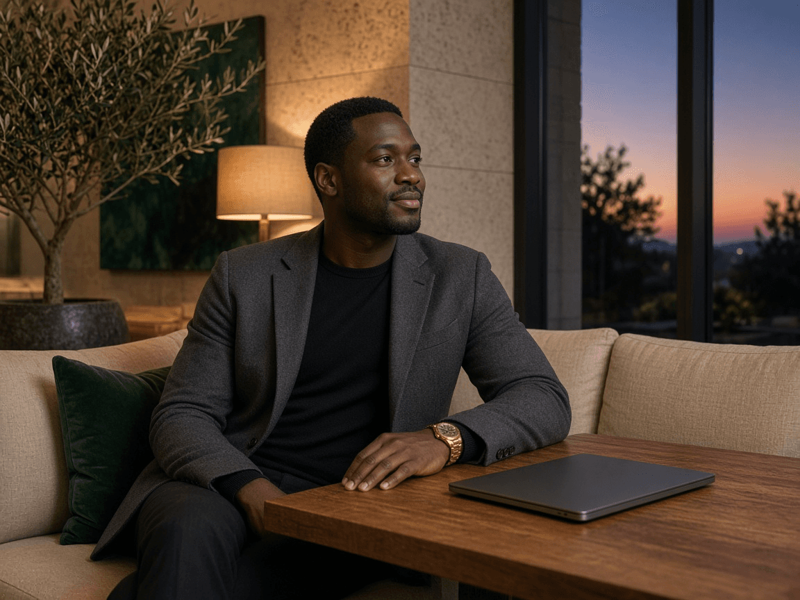 An owner at ease in a quiet room, with the laptop closed beside him.