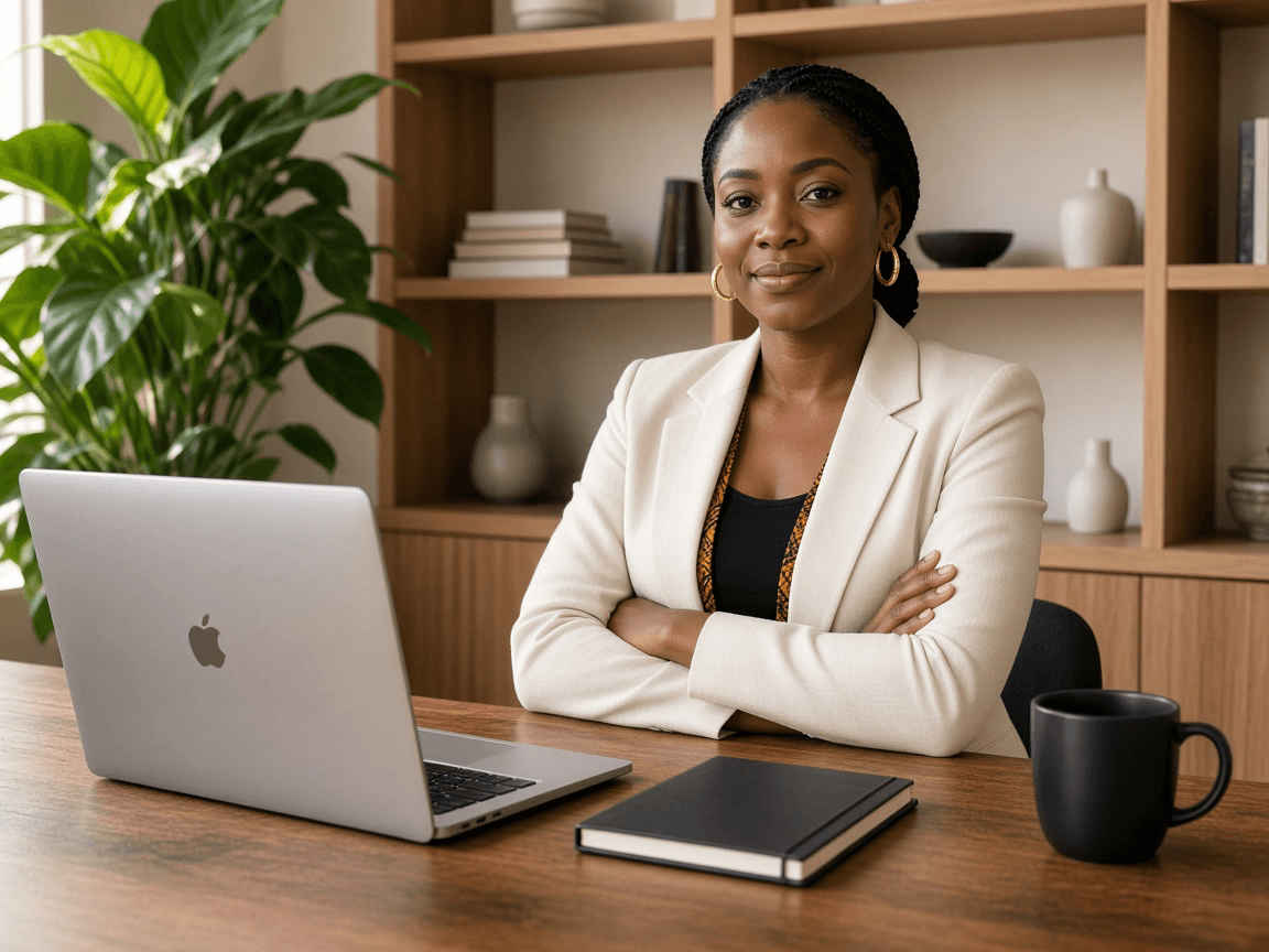 A business owner at her desk, with the day's numbers open on a laptop.