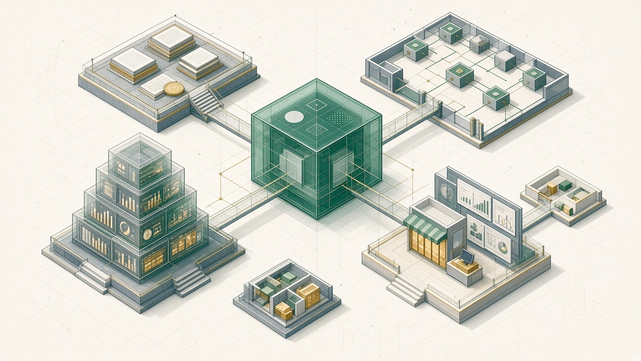 Architectural diagram of Rexeipt as a central operating system connecting records, workflows, commerce, inventory, and reporting.