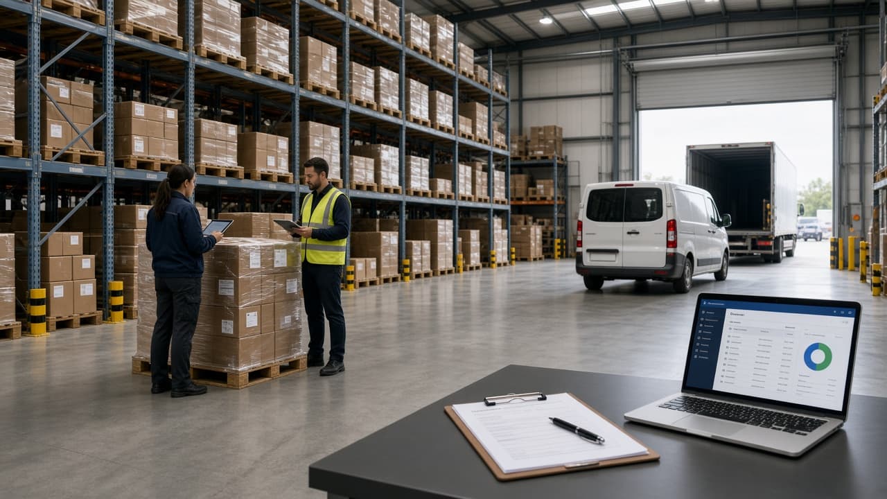 Distribution warehouse: receiving, inventory, dispatch, and debtor follow-up.