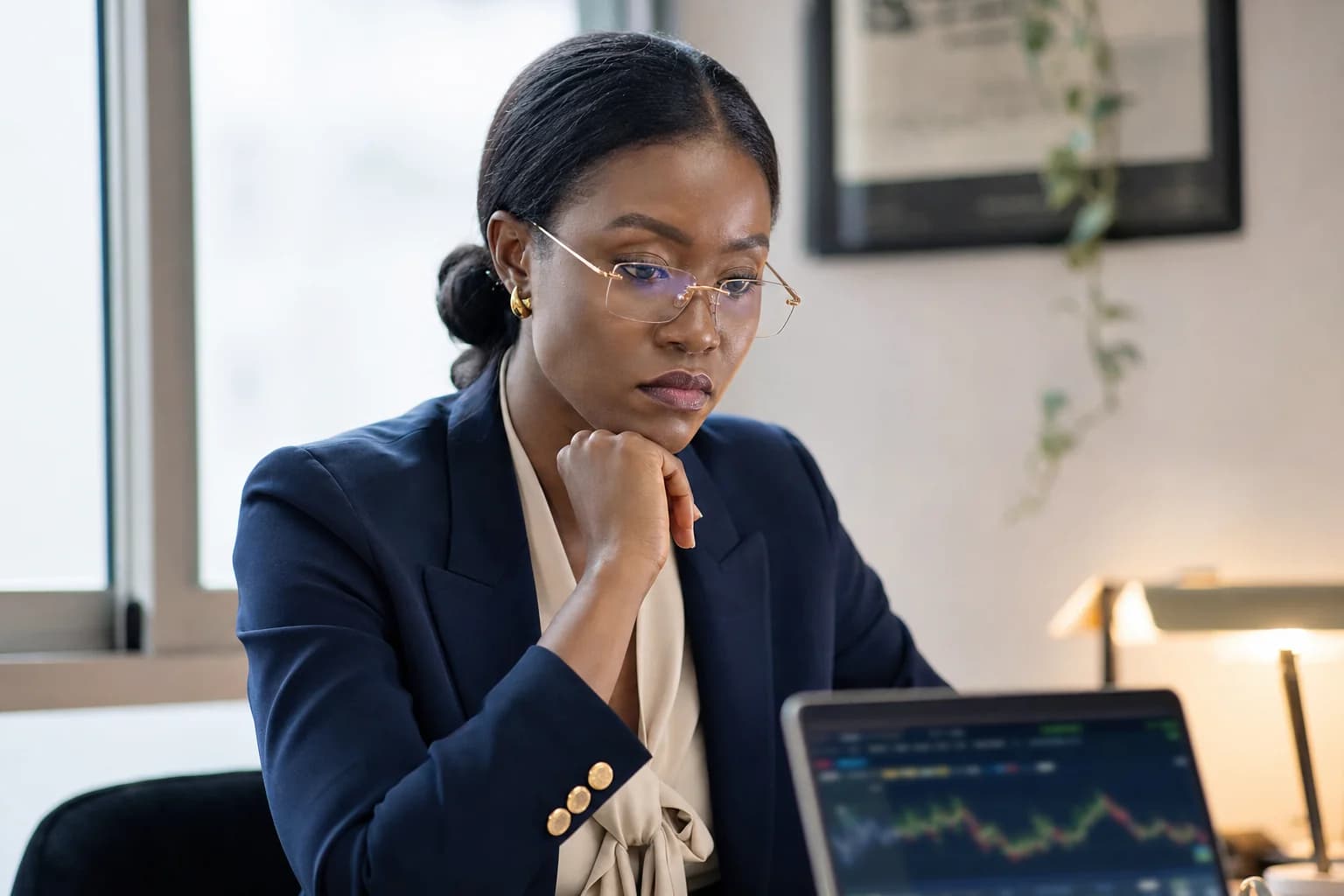 A Nigerian woman in her early 30s in a navy blazer and gold-rim glasses studies a complex financial chart on her laptop, chin resting on her hand in focused thought.