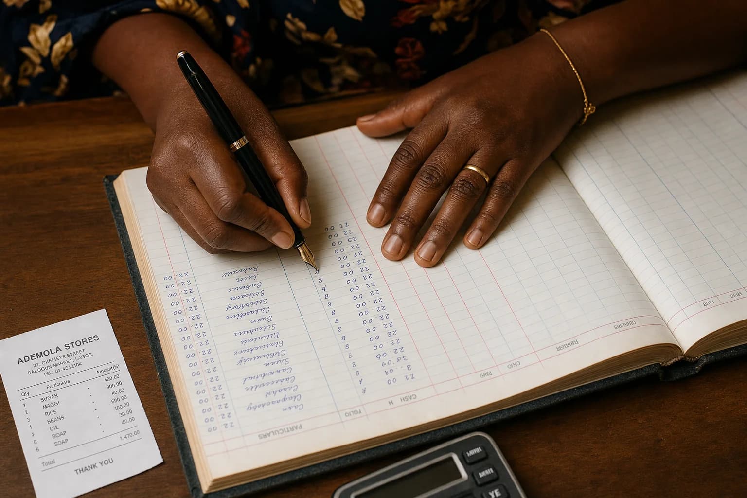 A close-up of a Nigerian bookkeeper's hands writing neat columns of figures in an open hardback ledger book with a fountain pen, a small printed receipt and a calculator visible at the edge of the desk.
