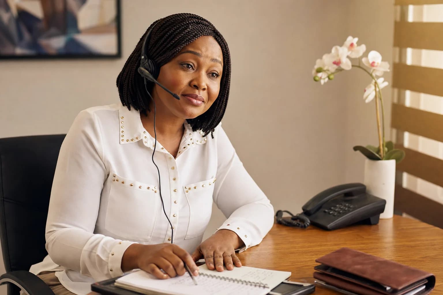 A Nigerian woman at a small wooden desk wears a thin headset mid-call, her expression empathetic and patient, a notebook with names and amounts open in front of her.