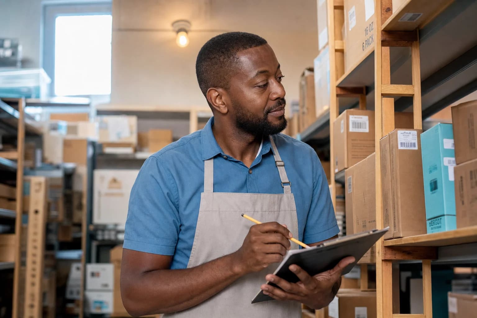 A Nigerian man in his mid-30s in a dusty-blue shirt and work apron stands in a clean stockroom holding a clipboard and a pencil, calmly counting boxes on a shelf.