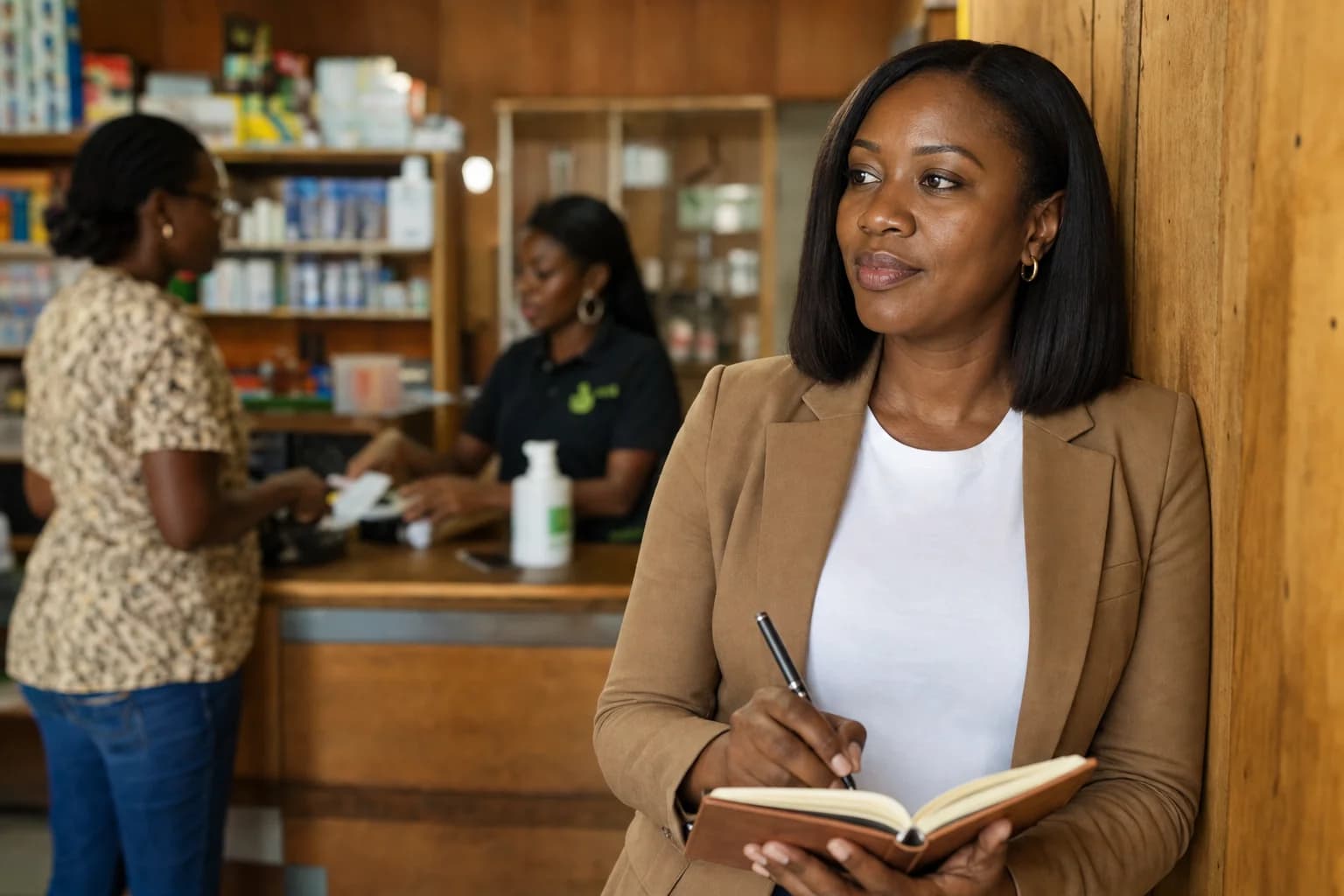 A Nigerian woman in her late 30s in a camel blazer leans against a wooden wall inside a small shop, observing a counter interaction in the soft-focus background, an open notebook with a pen in her hand.