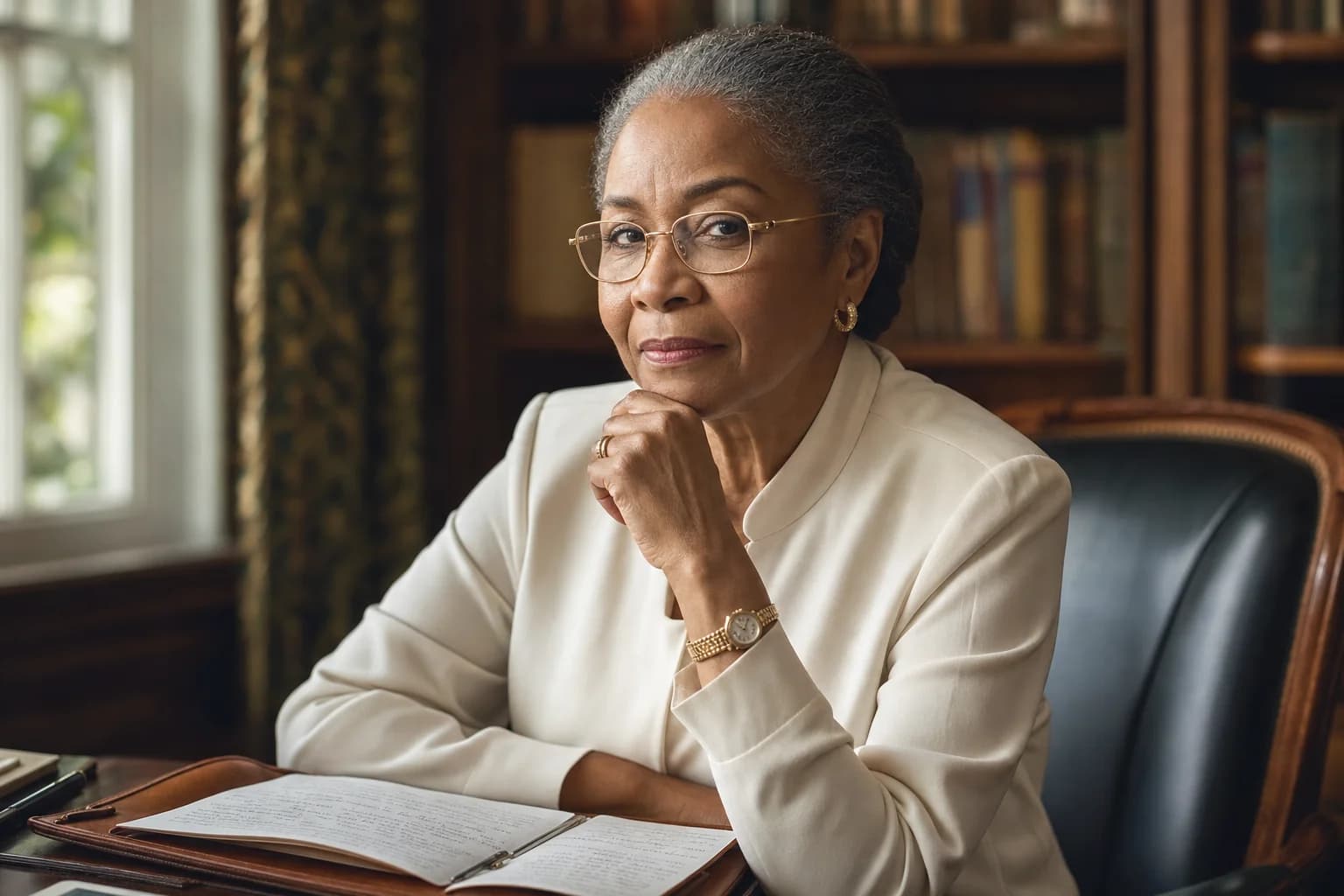 A thoughtful Nigerian senior advisor in her late 50s in a cream blouse and gold-rim glasses sits at a dark-wood desk reviewing notes in a leather portfolio, library shelves softly behind her.