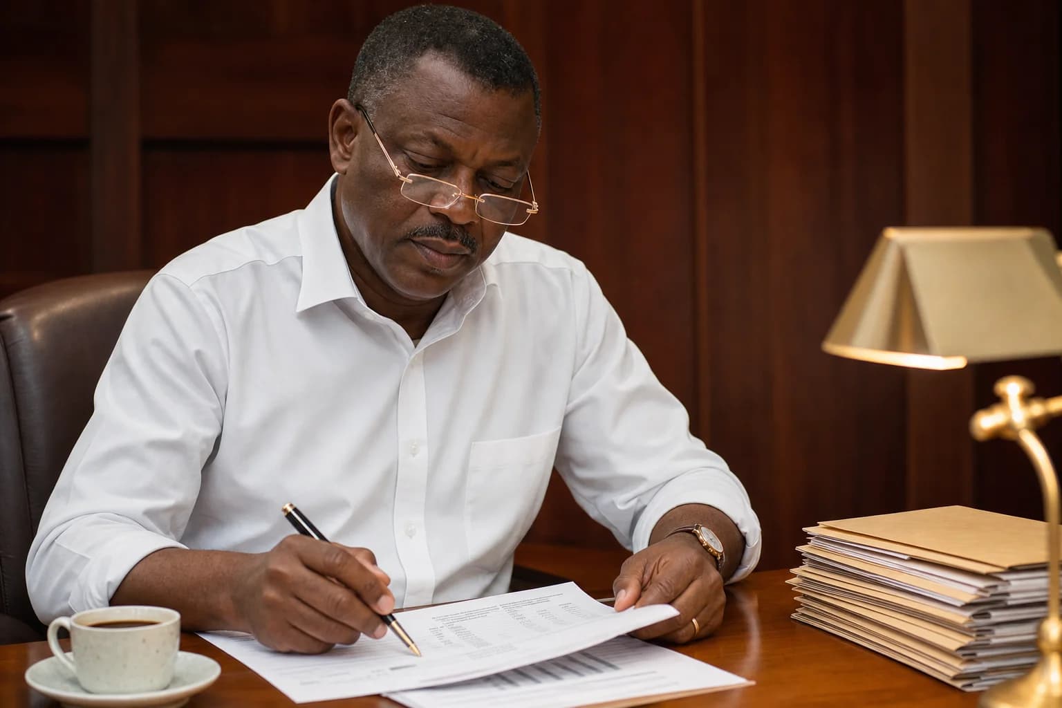 A Nigerian man in his early 50s in a crisp white shirt sits at a wood-panelled office desk, reviewing a printed financial document with a slim fountain pen, a tidy stack of manila folders to his right and a brass desk lamp casting warm light.