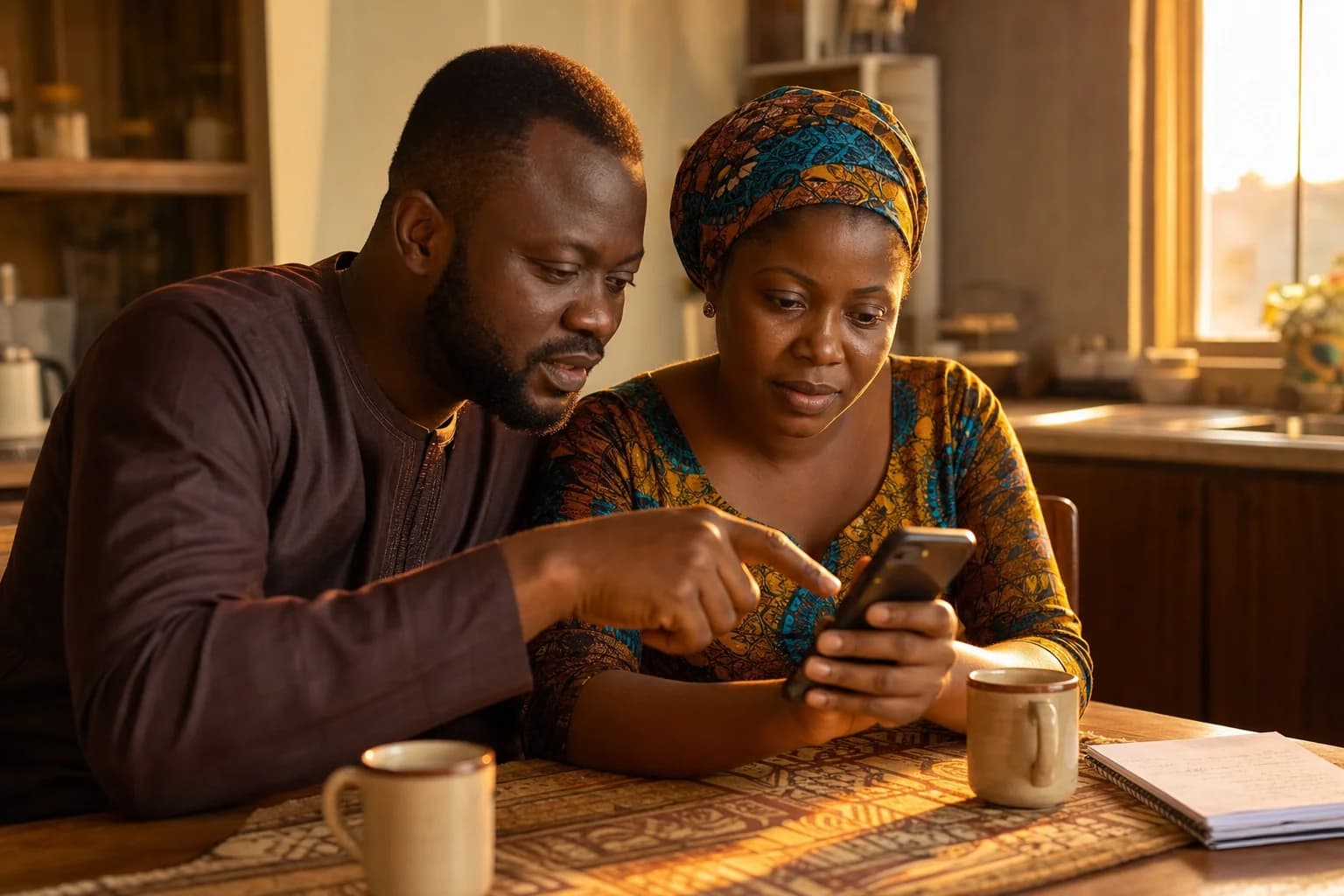 Two hands across a wooden shop counter — a cashier offering a printed receipt, a customer receiving it, with folded Naira notes resting on the counter between them in warm shop light.