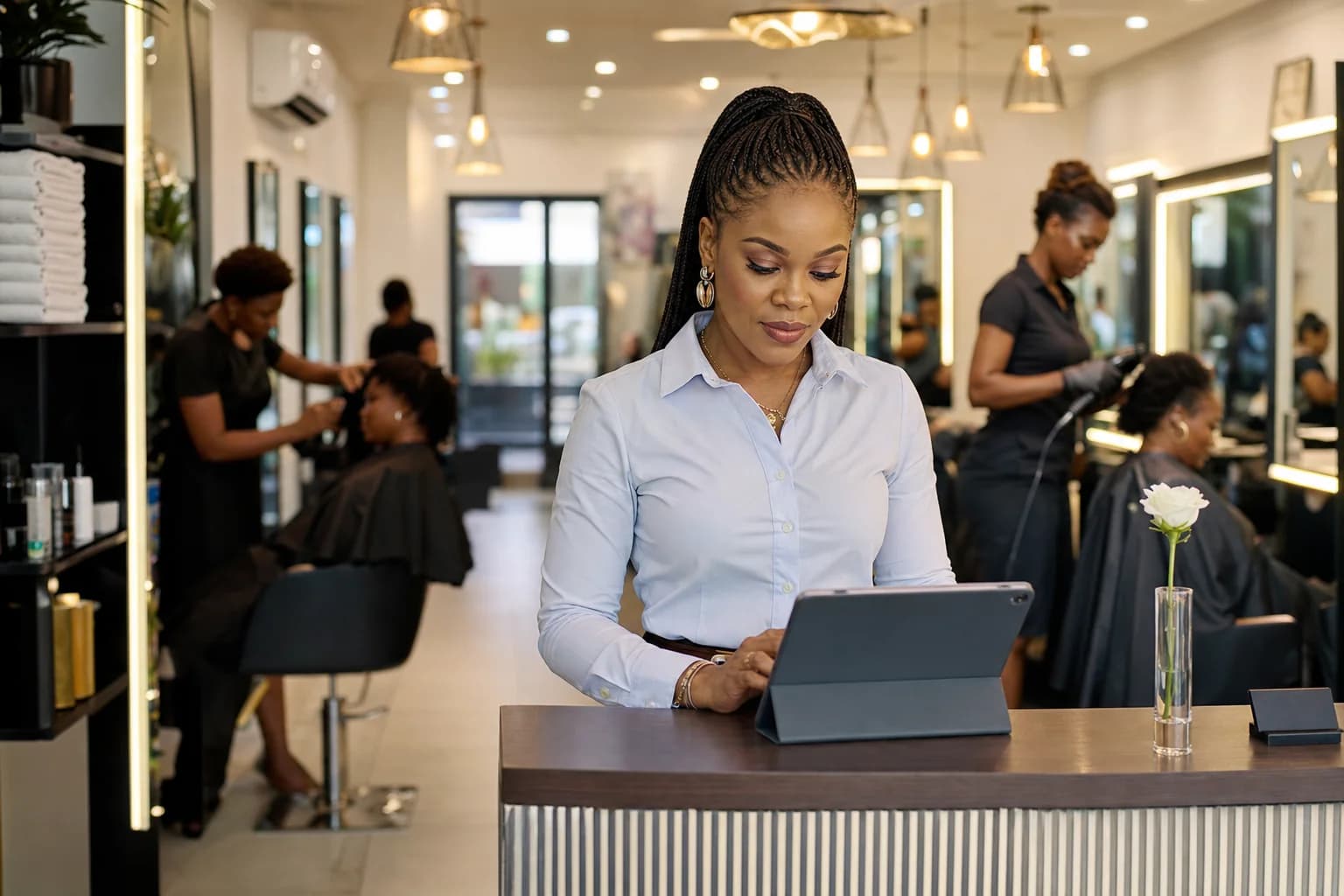 A clean modern Abuja salon: the owner stands at the front reception desk reviewing the day's appointments on a tablet, two stylists working with clients in soft focus behind her.