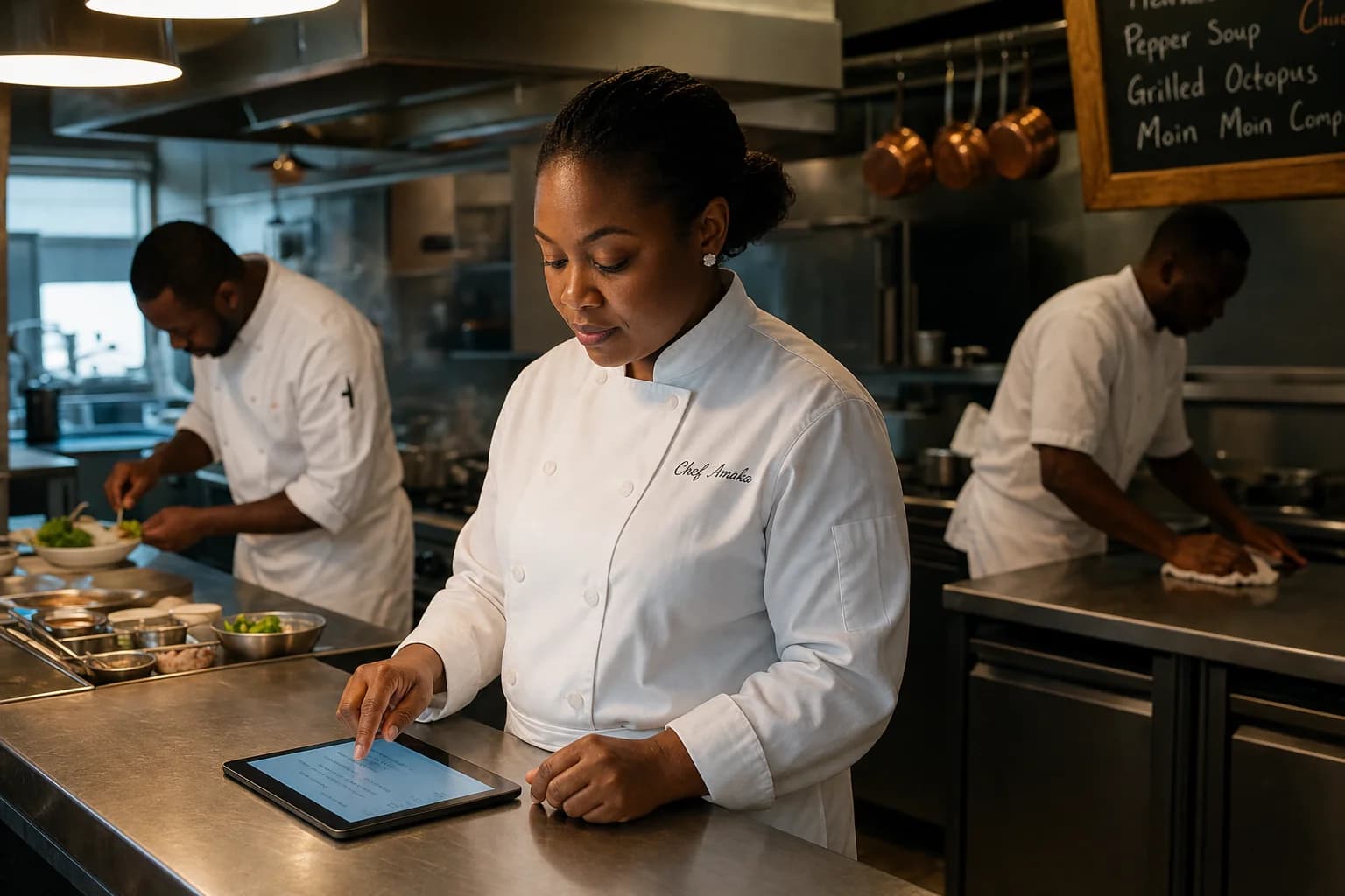 A Lagos restaurant kitchen during the calm minute before service: the owner-chef in whites stands at a stainless-steel pass reviewing the day's prep on a tablet, two chefs working at stations behind her.