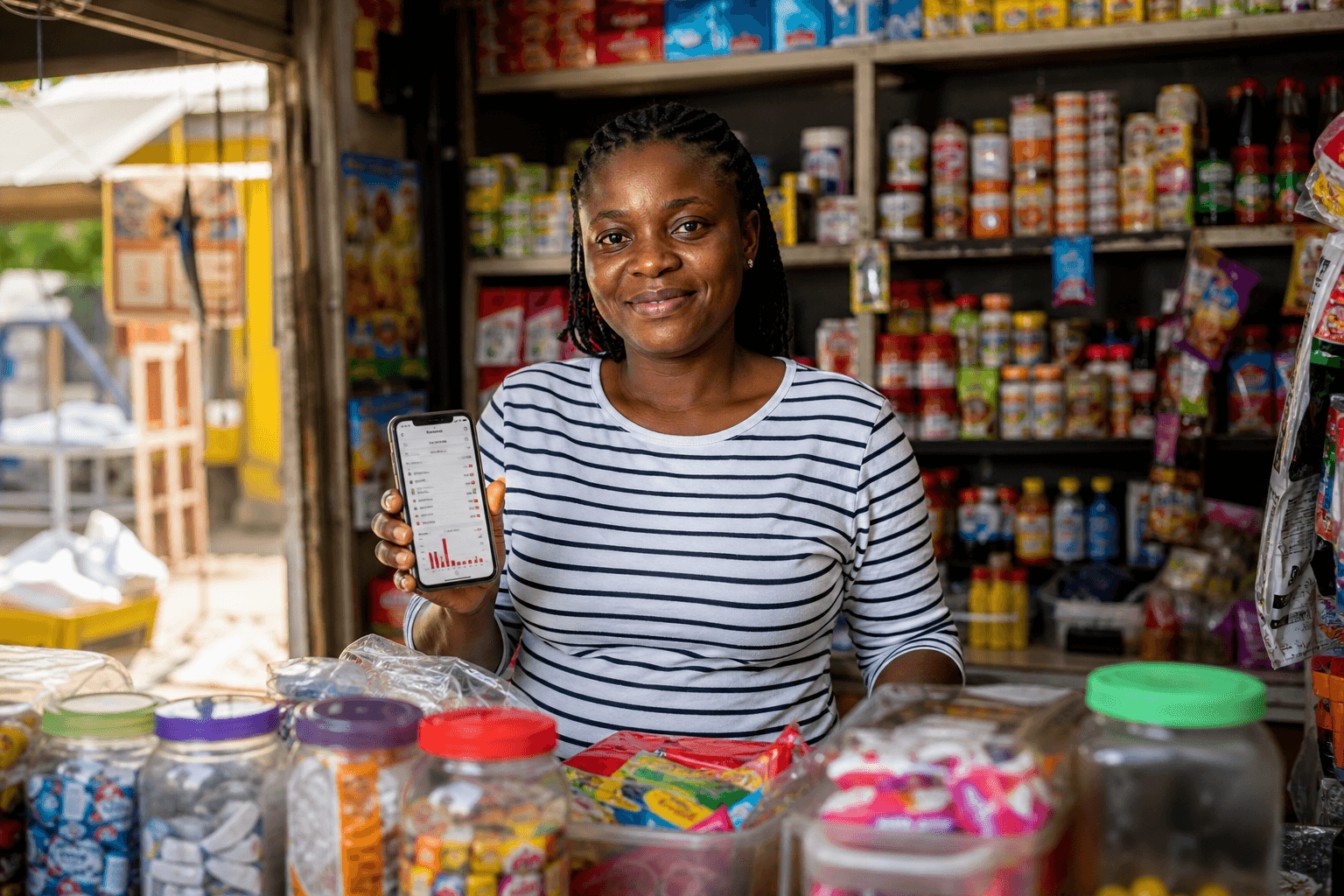 A Nigerian neighbourhood retail shop: the owner stands behind a counter stacked with packaged goods and household items, reviewing today's sales on her phone while a customer waits at the till.