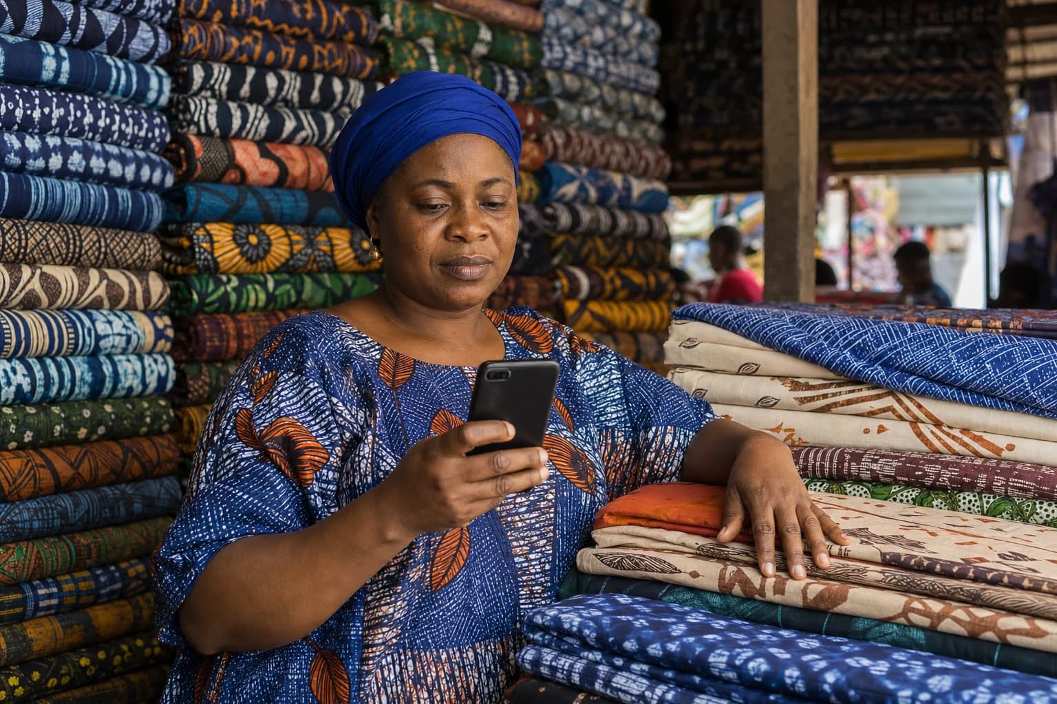 A Nigerian shop owner stands in the open doorway of her clothing boutique at golden hour, holding up her phone with Rexeipt's Owner's Office open. The shop interior glows warmly behind her.