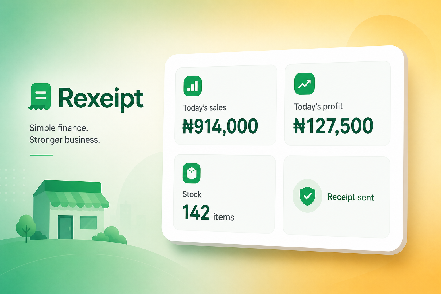 Rexeipt business dashboard: today's sales, profit, stock levels, and receipt confirmation at a glance.